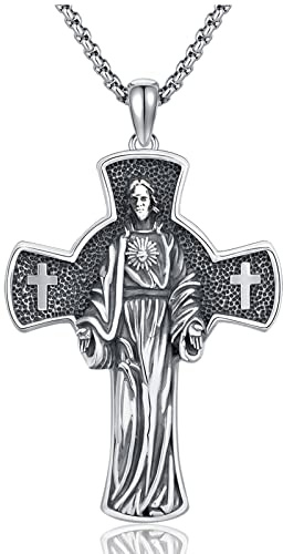 TwoAnts Heiliges Herz von Jesus Kette 925 Sterling Silber Kreuz Medaille Amulett Anhänger Halskette Christliche Geschenke Schmuck für Herren Damen