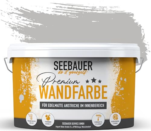 SEEBAUER diy Wandfarbe Grau 5L für Innen (No. 234 Misty Moor) Edelmatte hellgraue Innenfarbe - Grautöne sehr hohe Deckkraft - Matt, Abwaschbar und Tropffrei