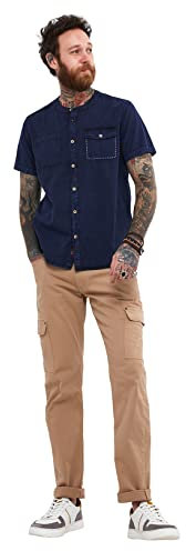 Joe Browns Men's Washed Blue Chest Pocket Grandad Collar Short Sleeve Shirt Button, Navy, L