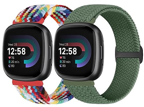 Vodtian Geflochtenes Armband Kompatibel mit Fitbit Versa 4/Versa 3/Sense 2/Sense Armband für Damen Herren, Elastisch Verstellbar Nylon Solo Loop Uhrenarmband für Fitbit Versa 4/Versa 3/Sense 2/Sense