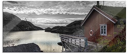 Pixxprint Glasbild Panorama, Wandbild aus Echtglas, Sonnenaufgang am Fjord Norwegens, 100x40 cm, inkl. Aufhängung und Abstandshalter