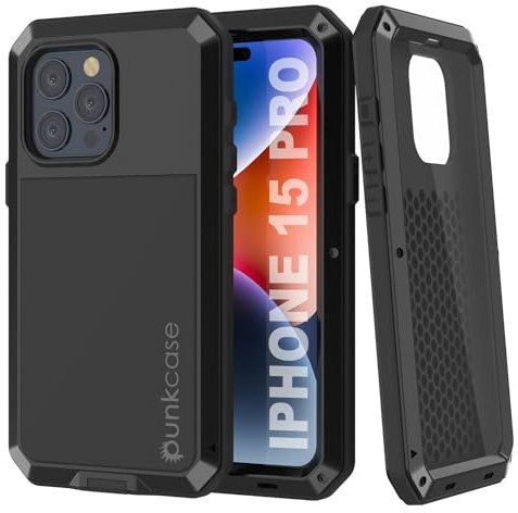PunkCase Metallhülle für iPhone 15 Pro (6,1 Zoll) (2023), robust, Militärqualität, Hartaluminium und TPU-Design mit Displayschutzfolie aus gehärtetem Glas für iPhone 15 Pro (15,5 cm) (2023), Schwarz