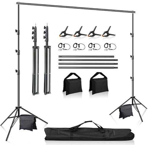 MSKIRA Backdrop Stand Kit, 3x3m/10 x 10ft Adjustable Background Support System with 4 Crossbars, 4 Backdrop Clamps, 2 Sandbags and Carrying Bag for Parties,Wedding,Decoration,Portrait Photography