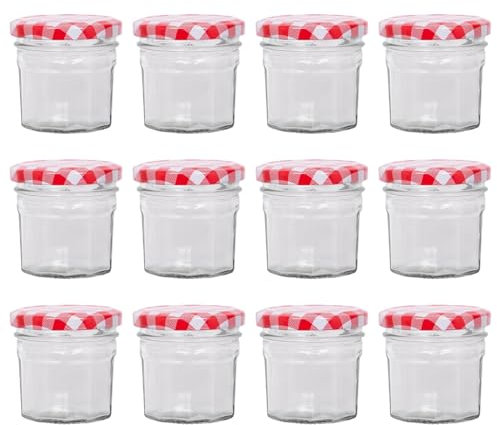 Argon Tableware Glass Jam Jars with Airtight Red Gingham Lids - 90ml - Pack of 12 - Empty Screw Top Kitchen Storage Jar for Food, Honey, Spice, Pickling, Preserving, Candle Making