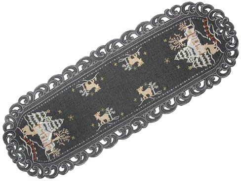 Weihnachten Hirsch im Winterlandschaft Tischläufer Leinenoptik ca. 45x110 cm, Grau