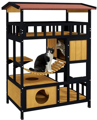 PawHut Casa para Gatos de Madera 84x60x116 cm Caseta para Gatos de 4 Niveles con Puente Colgante Balcón y Techo Asfáltico para Exterior e Interior Natural