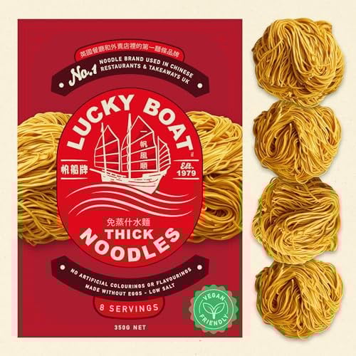 LUCKY BOAT Thick Chow Mein Noodles 350G | No1 Restaurant Quality | No.1 Thick Noodles | Egg Free Noodles | Bulk Noodles | Stir-Fry | Noodles | Vegan | Chinese Noodles | 350G (PACK OF 1)