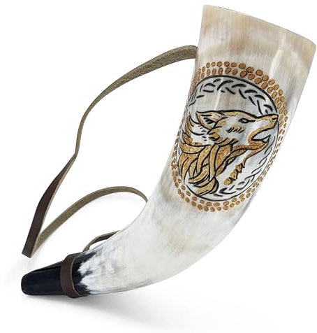 Norse Tradesman Wikinger-Kriegshorn - 30,5 cm Blashorn Kampftrompete aus authentischem Premium-Ochsenhorn - handgraviert mit nordischen Wölfen - Ein rührendes Stück Geschichte - The Howler