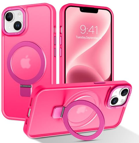BENTOBEN Magnetic Case for iPhone 13/iPhone 14 with Stand[Compatible with Magsafe],Invisible Ring Stand Translucent Matte Back Military Grade Protection Shockproof Cover for iPhone 13/14,Hot Pink