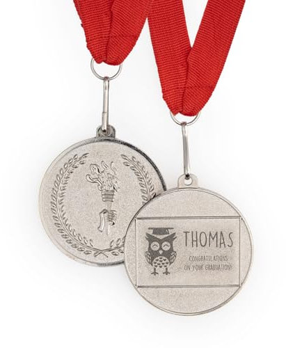 Wanapix | personalisierte Medaille mit Gravur | Medaillen Kinder und Erwachsene | Metall - Silbermedaille | Medaillenband Rot | 5ø cm | Abschlussfeier