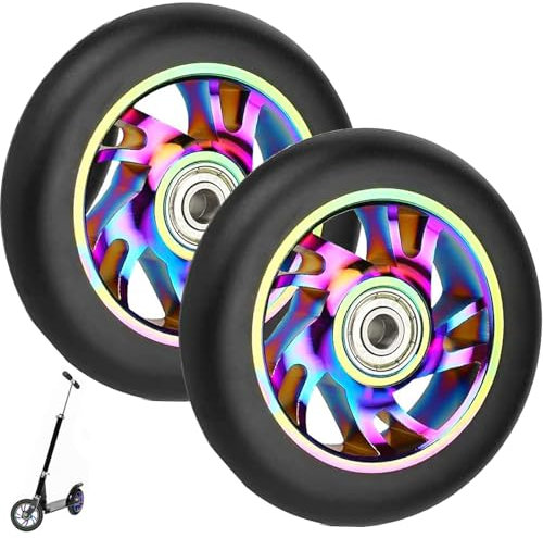 2 Stück 100 mm Scooter-Räder mit ABEC 9 Kugellagern, passend für Razor/Apollo/Cox Swain Stunt-Scooter, Alu-Serie, Pro Stunt-Scooter-Rad, Ersatz-PVC-Räder, buntes PU-Rad