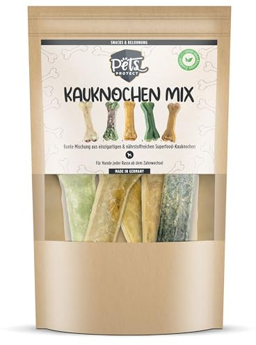 Pets Protect SUPERFOOD Kauknochen für Hunde 12cm | Kauknochen Mix | 5 einzigartige nährstoffreiche Kauknochen Kaustangen Hund für Groß & Klein | Made in Germany | getreidefrei | Kauleckerli