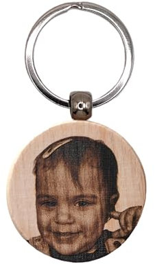 Porte-clés personnalisé en bois de hêtre avec photo - 44,5 mm (diamètre), 7 mm (épaisseur) - Personnalisable - Cadeau pour fête des mères, anniversaire, mariage, anniversaire de mariage, naturel,
