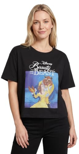 Disney Princess Womens Black Cropped Short Sleeve T-Shirt | Beauty & The Beast Graphic Tee Womens Black Top for Ladies | Short-Sleeved Apparel for Her | Movie Merchandise Gift