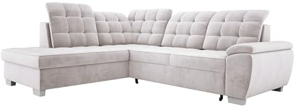 Ecksofa LOTTA In Hochwertigem SALVADOR Stoff, Mit Schlaffunktion, Geräumigem Stauraum Und Eleganter Polsterung Für Das Wohnzimmer, 258x212cm, Anordnung der Möbel Linksseitig, Farbe: HELLGRAU