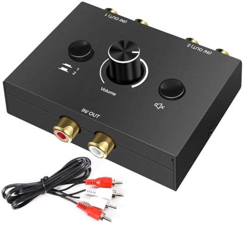 Conmutador de audio estéreo RCA RCA 2 (1) en 1 (2) de salida, conmutador de audio estéreo analógico con control de volumen y cable RCA, bidireccional Aux Selector Switch Splitter Box para ordenador