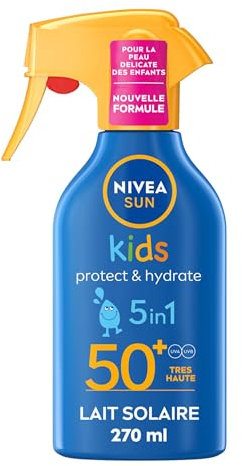 NIVEA SUN Spray Pistolet Solaire Protect & Hydrate Kids SPF 50+ 270 ml — Crème Solaire résistante à l'eau — Haute Protection Visage et Corps pour la peau délicate des Enfants