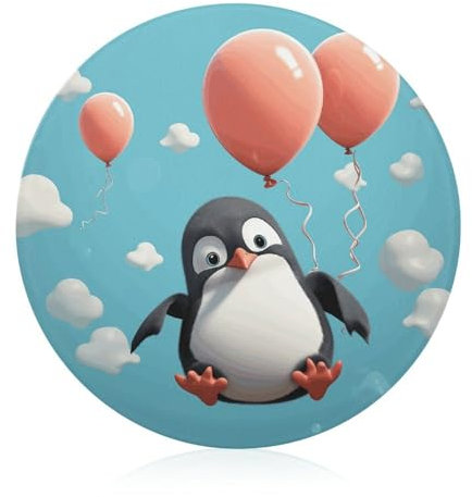 Planche à découper ronde en verre imprimé pingouin mignon avec ballon - Cadeau idéal pour le chef à domicile