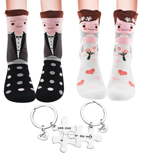 2 Paar Socken Hochzeitsgeschenke Für Brautpaar Mit Edelstahl Paare Puzzle-Schlüsselanhänger Witzige Socken Ideen Für Hochzeitsgeschenke Verlobungsgeschenk Hochzeitsaccessoire Für Frauen Männer