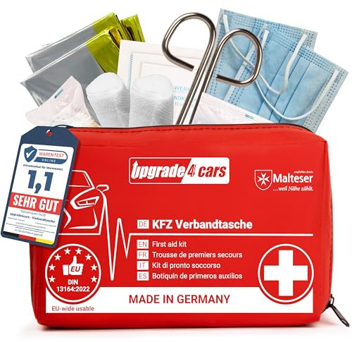 Upgrade4cars Kit di Pronto Soccorso per Auto Casa Viaggio Trekking ecc. Cassetta Medica Primo Soccorso Completo 2025 Portatile Rosso Borsa di Emergenza Completa per tutta Europa