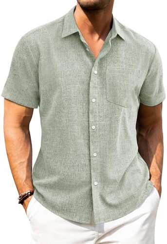 J.VER Mens Linen Shirts Short Sleeve Green Summer Beach Holiday Regular Fit Casual Button Down Shirt L