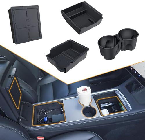 BANKKY 4PCS Accessories for Tesla Model Y 2020-2024 & Model 3 2021-2023(Not Fit 2024 Model 3 Highland): Center Console Organizer Tray, Car armrest storage box and Cup holder, Hidden Storage Box