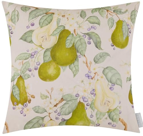 Voyage Maison Pear Orchard Feather Filled Cushion – Watercolour Pears Berries Cotton Blend Reversible Stripes (Green - 43x43cm)