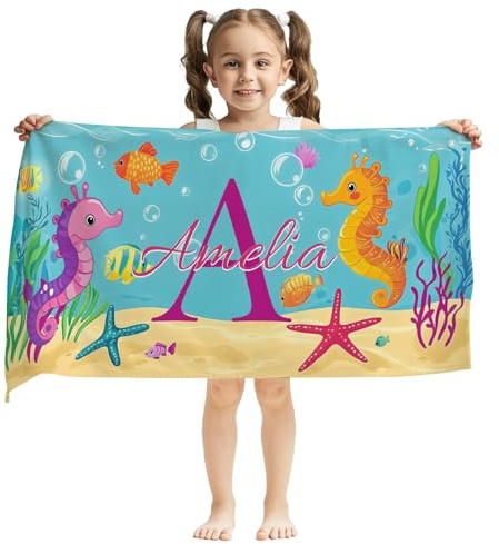 Jodimitty Mikrofaser Strandtuch Personalisiertes Name Wasserabsorbierend Schnelltrocknend Strandhandtuch für Erwachsene Kinder Strand Schwimmbad, 60x120cm/76x152cm/90x180cm (Seepferdchen)