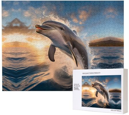 Poezjzw Springender Delfin-Puzzles für Erwachsene, 500 Teile, Holzpuzzle für Familie, Freunde, Heimdekoration, Wandkunst, 50 x 38 cm