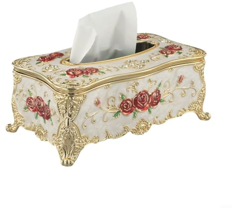 Taschentuchbox im Vintage-Stil, floraler Kunststoff-Serviettenhalter, elegant, handbemalt, dekorativer Behälter, Weißgold, Silber, Zuhause, Büro, Badezimmer, Waschtisch, 23 x 12,5 x 9,5 cm (weiß)