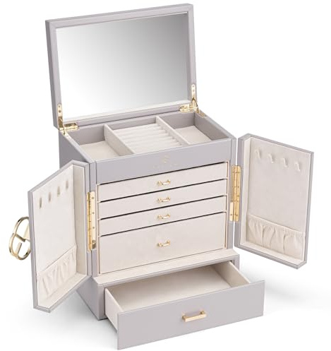 VLANDO Schmuckkästchen Groß mit Spiegel, Schmuckaufbewahrung mit 6 Ebenen | Schmuck Organizer für Halsketten, Ohrringe, Uhren, Armbänder，Wohndekoration, Geschenk für Damen,Grau