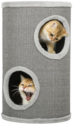PawHut Kratztonne mit 2 Höhlen für 1-2 Katzen 60 cm Hoch Ø 35 cm Braun | Zweistöckige Katzentonne, Kratzbaum Mit Plüschrand, Katzenturm, Bis 5 kg