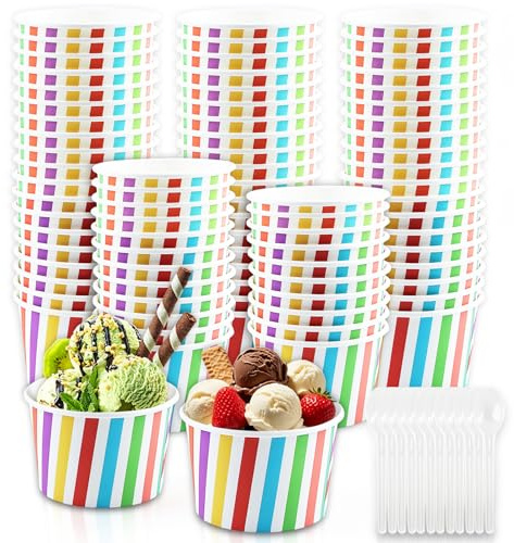 RosyFate Vasos de Helado, 50 Vasitos para Postres Carton, con 50 Piezas Cucharas, Cuencos de Helado, Tazas para Helado, Sundae, Yogur, Pudín (Rayas)