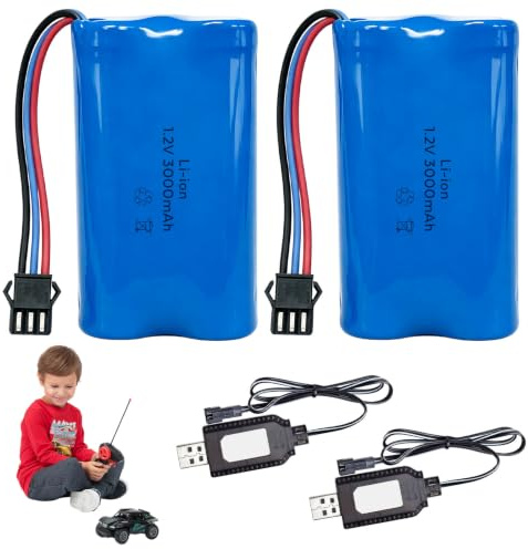 7.4V 3000mAh Li-ion Akku, 2 Stück Wiederaufladbare Lithium-Ionen Batterien mit SM-3P Stecker und Ladekabel, Li-ion Battery für RC Fahrzeuge, Stunt Car, Roboter und Panzer