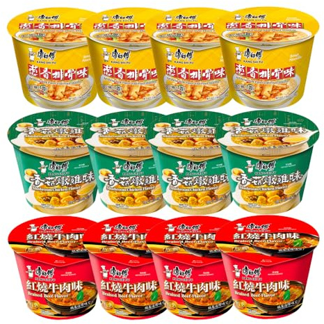Master Kong Instant Noodles Bowl 12 Pack Assorted – Chinese Instant Noodle Cups 3 Flavours Ready to Eat Meal