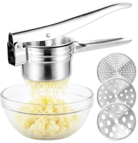 SPARES2GO Schiacciapatate in acciaio inox, pressa per purea di frutta e verdura, strumento per schiacciare e frullare (con 3 dischi di spessore regolabile)