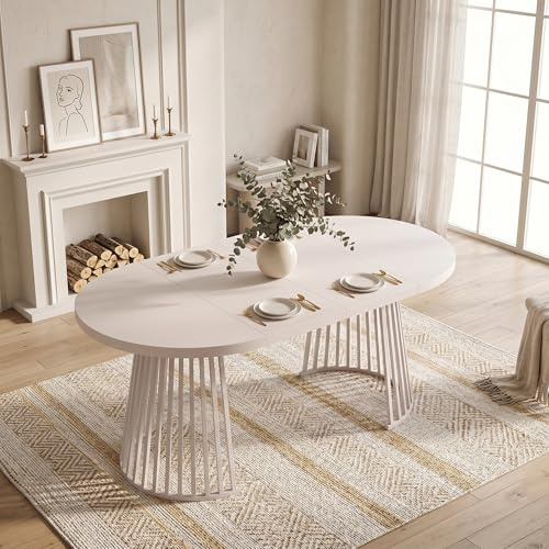Merax Ausziehbarer Esstisch 100/138/176 x 100 cm, Kulissentisch mit Teleskopdesign & 3 cm Dicker Tischplatte, Stabiler Metallbeine, für 4–8 Personen, minimalistischer Stil, Creme