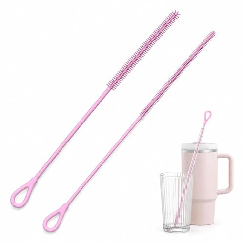 2Pcs Silicone Straw Cleaner Brushes, 6mm+9mm Reusable Bendable Straw Cleaning Brushes with Non-Slip Handle, Pink for Glass Metal Silicone Smoothie Straws