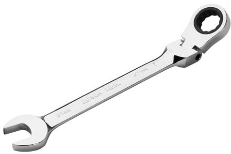 Jetech 27mm Flexible Head Gear Wrench, Industrial Grade Flex Ratcheting Spanner Made with Forged, Heat-Treated Cr-V Alloy Steel, Full Polished 12 Point Flex-Head Ratchet Combination Wrench, Metric
