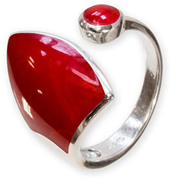 Fly Style Ring Silber 925 Damen, offener Ring größenverstellbar, 925 Silber Ring mit Stein oder Muschel Inlays, Farbwahl:rot