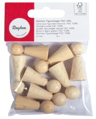 Rayher Figurenkegel Rohholz, FSC zertifiziert, Btl. 8 Stück, 37 mm, Holzkegel, Holzfiguren zum Bemalen, Krippenfiguren mini Holz, Spielfiguren Holz, 6246900