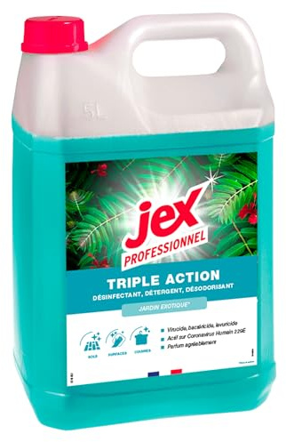 JEX - Nettoyant Sol & Surfaces Jardin Exotique - Nettoyant Multi-Usage Triple Action : Nettoie, Parfume, Désinfecte - Formule Compatible Contact Alimentaire - Fabrication Française - 5 L