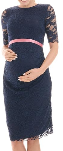 Herzmutter Umstandskleid festlich - Schwangerschaftskleid mit Spitze - Elegant - Hochzeit - besondere Anlässe - Kurzarm - 6200 (S, Dunkelblau)