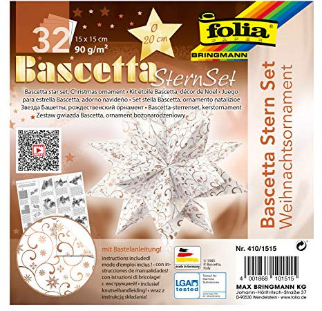 folia 410/1515 - Bastelset Bascetta Stern Weihnachtsornament, weiß/kupfer, 32 Blatt, 15 x 15 cm, fertige Größe des Papiersterns ca. 20 cm, mit ausführlicher Anleitung - ideal zur zeitlosen Dekoration