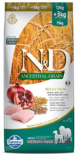 Farmina N&D ANCESTRAL GRAIN Pellets Hundefutter (Trockenfutter, mit hochwertigen Vitaminen und natürliche Antioxidantien, ohne Mais, Zutaten: Huhn, Dinkel, Hafer und Granatapfel, Portionsgröße: 15 kg)
