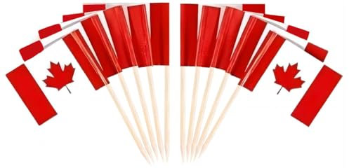 JAVD CYPS 100 Stück Kanada-Flaggen, kanadische Zahnstocher-Flaggen, kleine Mini-Stick-Cupcake-Topper, kanadische Flaggen, Länder-Picks, Party-Dekoration, Feier, Cocktail, Essen, Bar, Kuchenflaggen