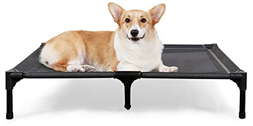 ANWA Lit Surélevé pour Chien,Lit Chien de Camp sur Pieds Pliable Intérieur Extérieur,Noir Lit en Tissu Teslin L(109 * 78 * 20cm)