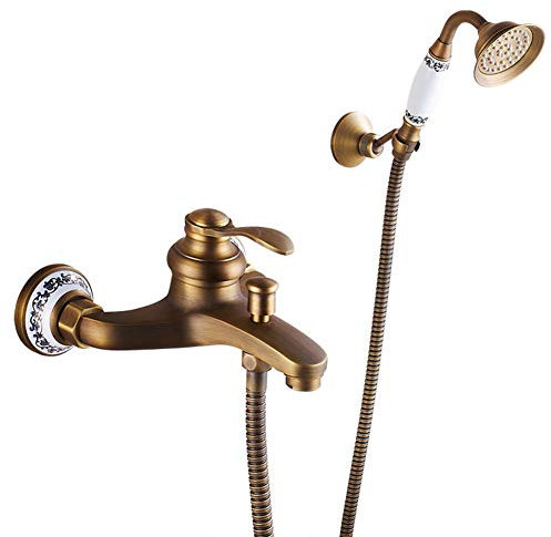 Robinet De Baignoire - Robinet De Douche Avec Douche À Main, Laiton Monocommande Mitigeur De Baignoire Montage Mural Avec Support Et Flexible 1.5M, Pour Salle De Bain, Finition Laiton Antique