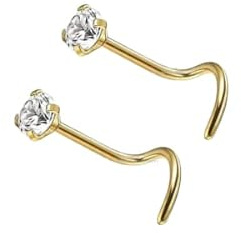 2pcs Nose Stud Screw Curve Hook Clear Gem 316L Surgical Steel Nostril Piercing