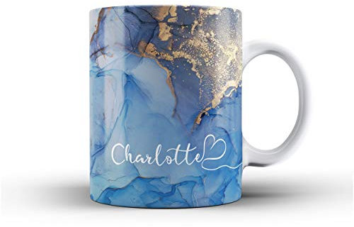 iCaseDesigner Personalised Watercolour Marble Name with Heart Ceramic Mug - 6. Blue